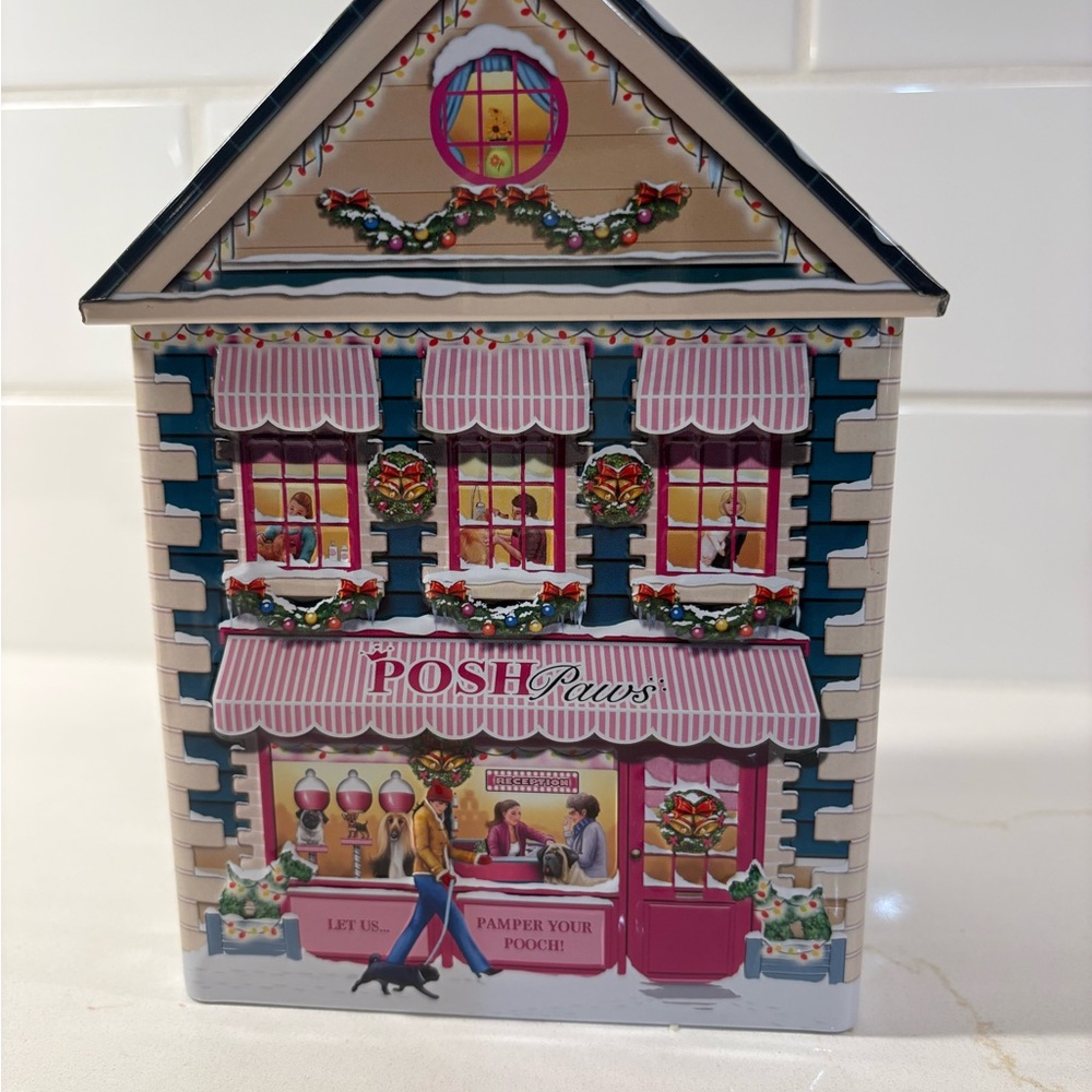 Harry London Christmas Village Dog Grooming Collectible Empty Tin Holiday Box